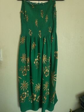 Green Maxi Sundress with Gold Tropical Print